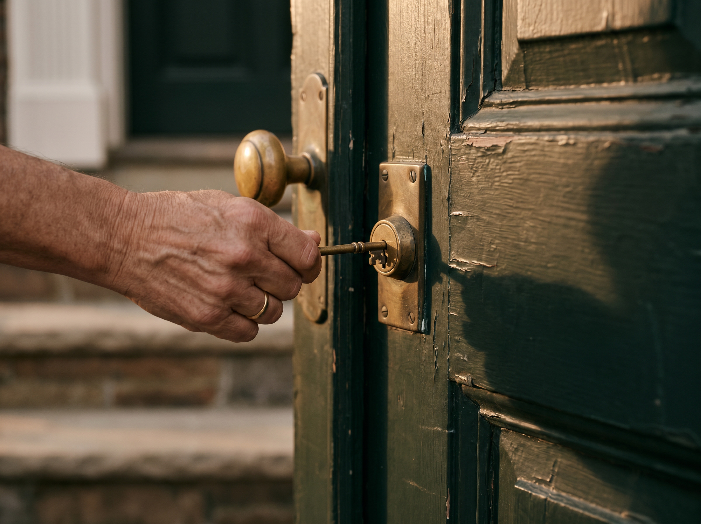 A weathered hand placing a brass key into the lock of a painted wood front door, late autumn light.